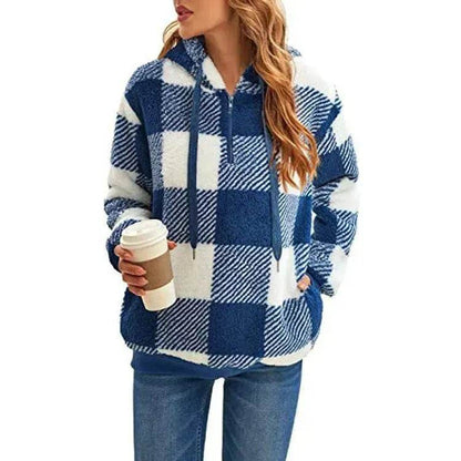 Casual Thick Fleece Plush half zip Plaid Hoodie Pullover top for women - www.Shopthatapp.com