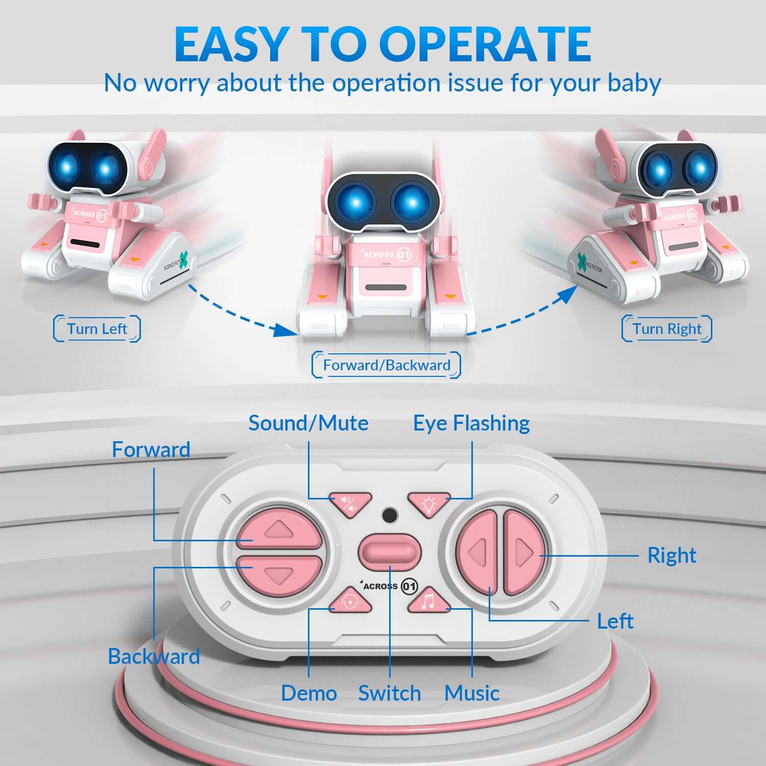 STEMTRON RC Robot Toy - Rechargeable, Auto Demo, Dance, Music, LED Eyes, 3 Colors - www.Shopthatapp.com