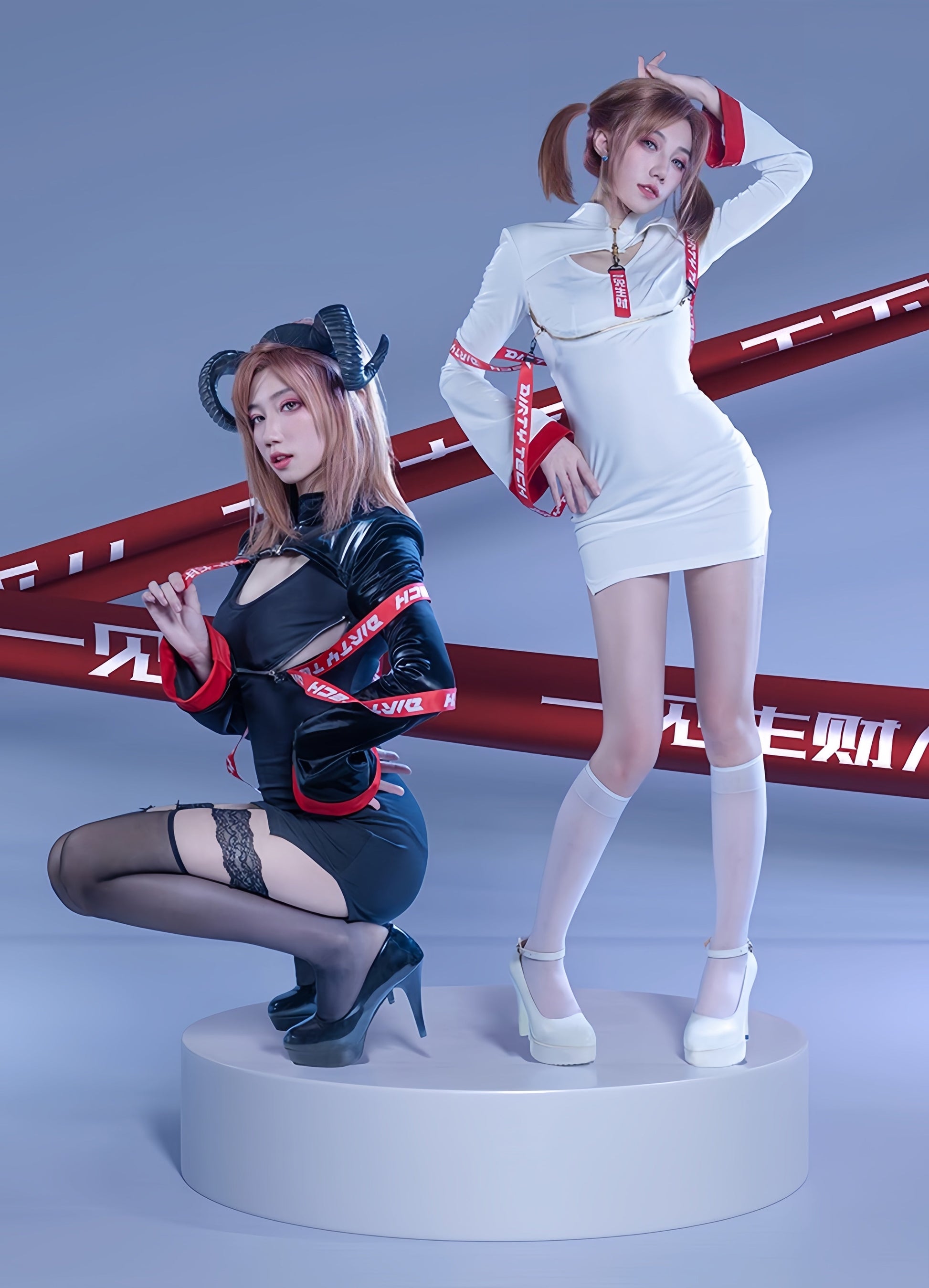 Anime Style Black and White Witch Spandex PU Leather Short Dress with Bust Zipper - www.Shopthatapp.com