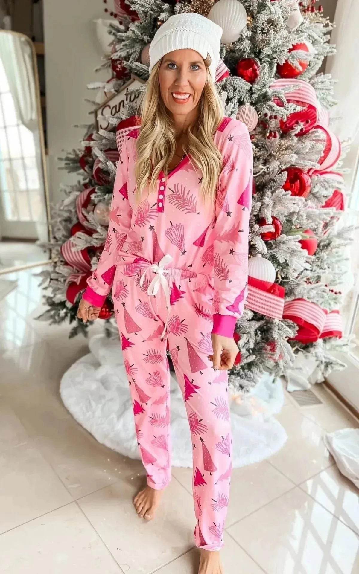 Christmas Pajamas Suit Christmas Tree Printed Long Sleeve Button Two-piece Set - www.Shopthatapp.com