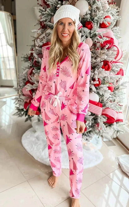 Christmas Pajamas Suit Christmas Tree Printed Long Sleeve Button Two-piece Set - www.Shopthatapp.com