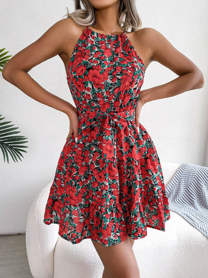 Casual Spring Summer Tie Belt Halter neck Swing Floral mini dress - www.Shopthatapp.com