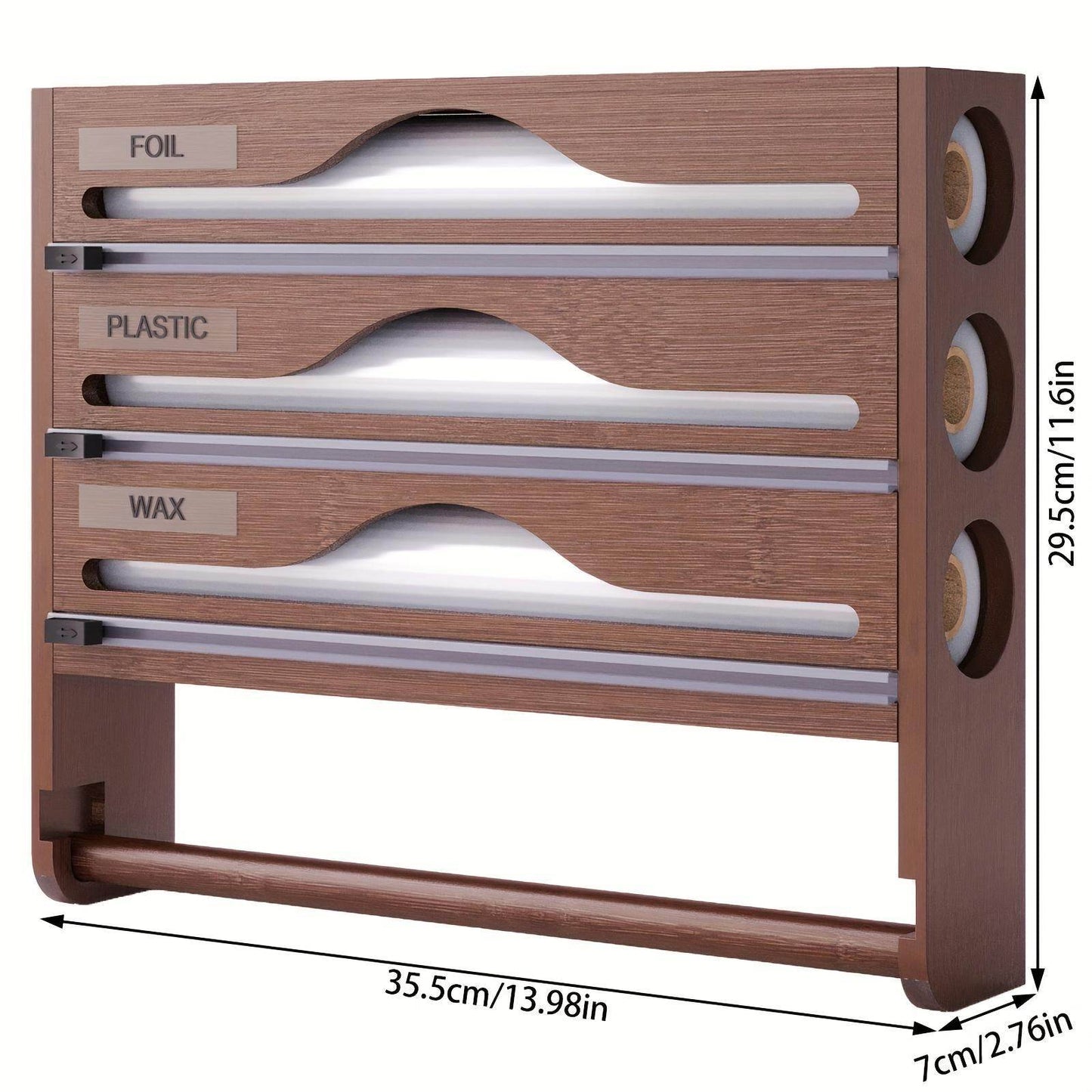 3 grid Bamboo Wood Wall Mounted Food Wrap Dispenser - www.Shopthatapp.com