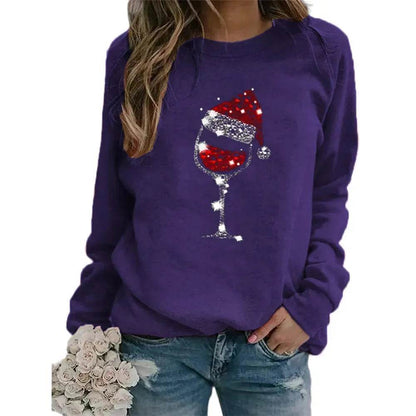 Clothing Christmas Women's Sweater Christmas Hat Red Wine Glass Graphic Print Crew Neck Long-sleeved Sweater - www.Shopthatapp.com