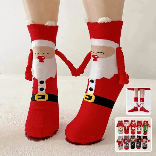 Christmas Magnetic Socks Cute Elk Santa Claus Snowman Hand-holding Socks For Couple - www.Shopthatapp.com