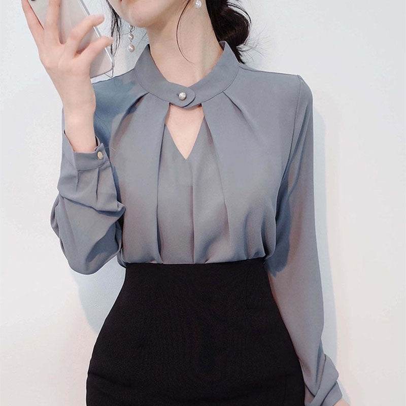 White Chiffon Blouse top Long Sleeves Office Blouses For Women - www.Shopthatapp.com