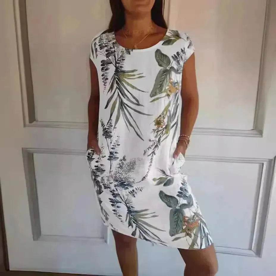 Casual Floral Printed Straight Dress Summer Loose Round Neck Short Sleeve Midi Dresses Womens Clothing - www.Shopthatapp.com