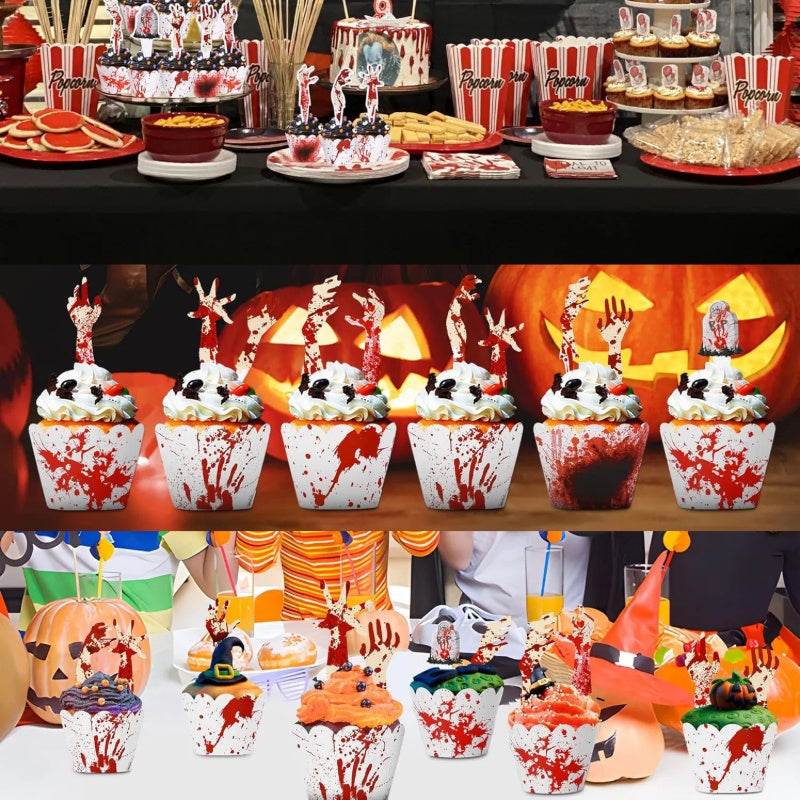 48Pcs Halloween Cupcake Toppers Wrappers Rip Kit Bloody Zombie Hand Cupcake Pick Decorations For Halloween Horror Movie Bloody Theme Birthday Party Cake Decorations Supplies - www.Shopthatapp.com