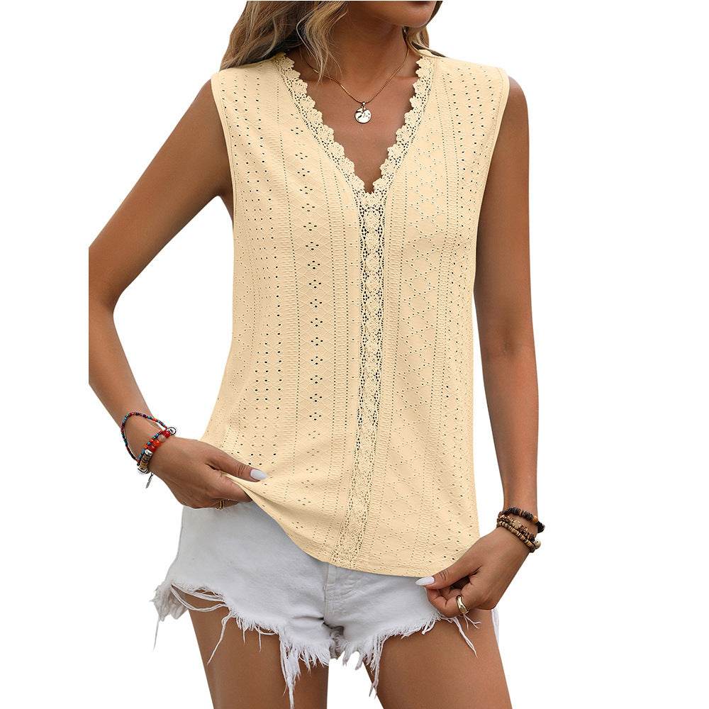 Summer Sleeveless Lace Blouse Tops Women V-neck top - www.Shopthatapp.com