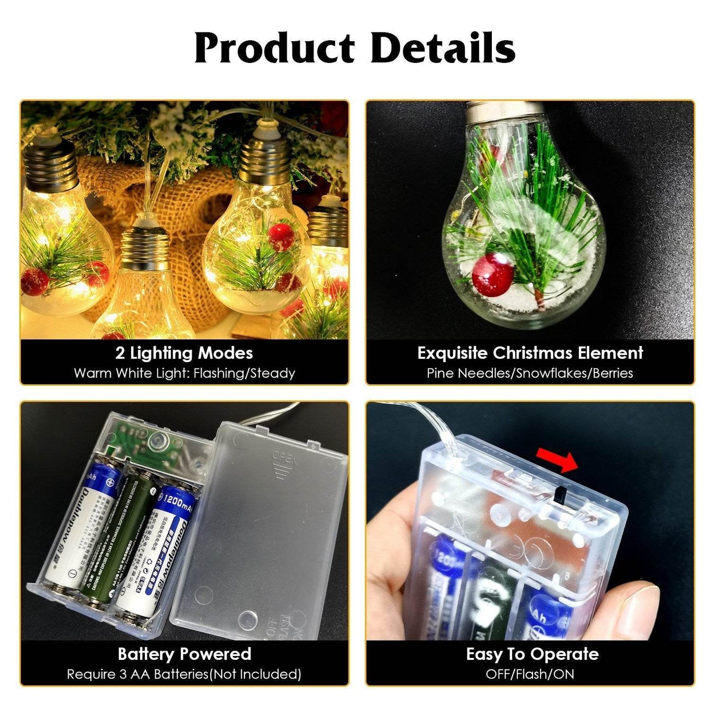 1Pc 13.78FT Christmas Snow Globe String Light Battery Powered 10 LED Bulbs Indoor Christmas Lights With Pine Needles Snowflakes Berries - www.Shopthatapp.com