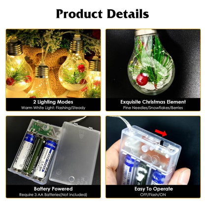 1Pc 13.78FT Christmas Snow Globe String Light Battery Powered 10 LED Bulbs Indoor Christmas Lights With Pine Needles Snowflakes Berries - www.Shopthatapp.com