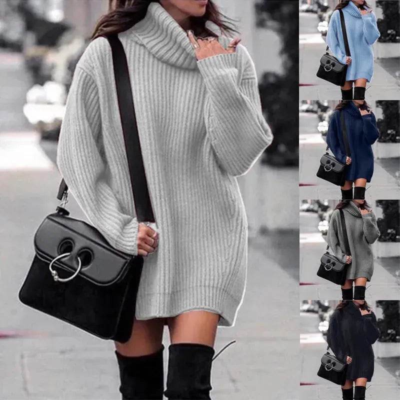 Autumn Winter Solid Cashmere oversized Knitted Mini Turtleneck Sweater Dress - www.Shopthatapp.com