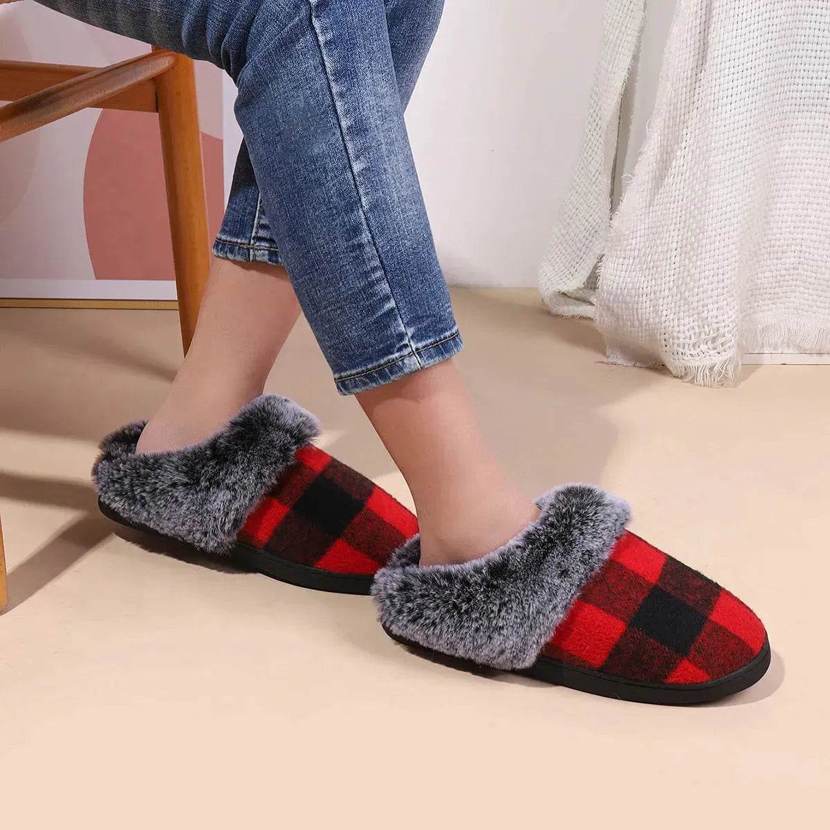 Winter Warm Plaid Plush Slippers Home Indoor Non-slip Bedroom Floor Soft Fuzzy Slipper For Couple Fashion Solid House Shoes - www.Shopthatapp.com