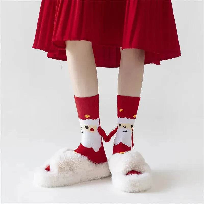 Christmas Magnetic Socks Cute Elk Santa Claus Snowman Hand-holding Socks For Couple - www.Shopthatapp.com
