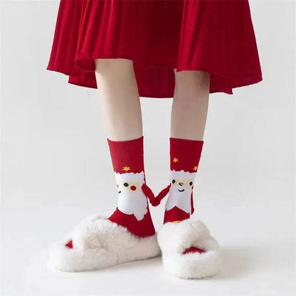 Christmas Magnetic Socks Cute Elk Santa Claus Snowman Hand-holding Socks For Couple - www.Shopthatapp.com