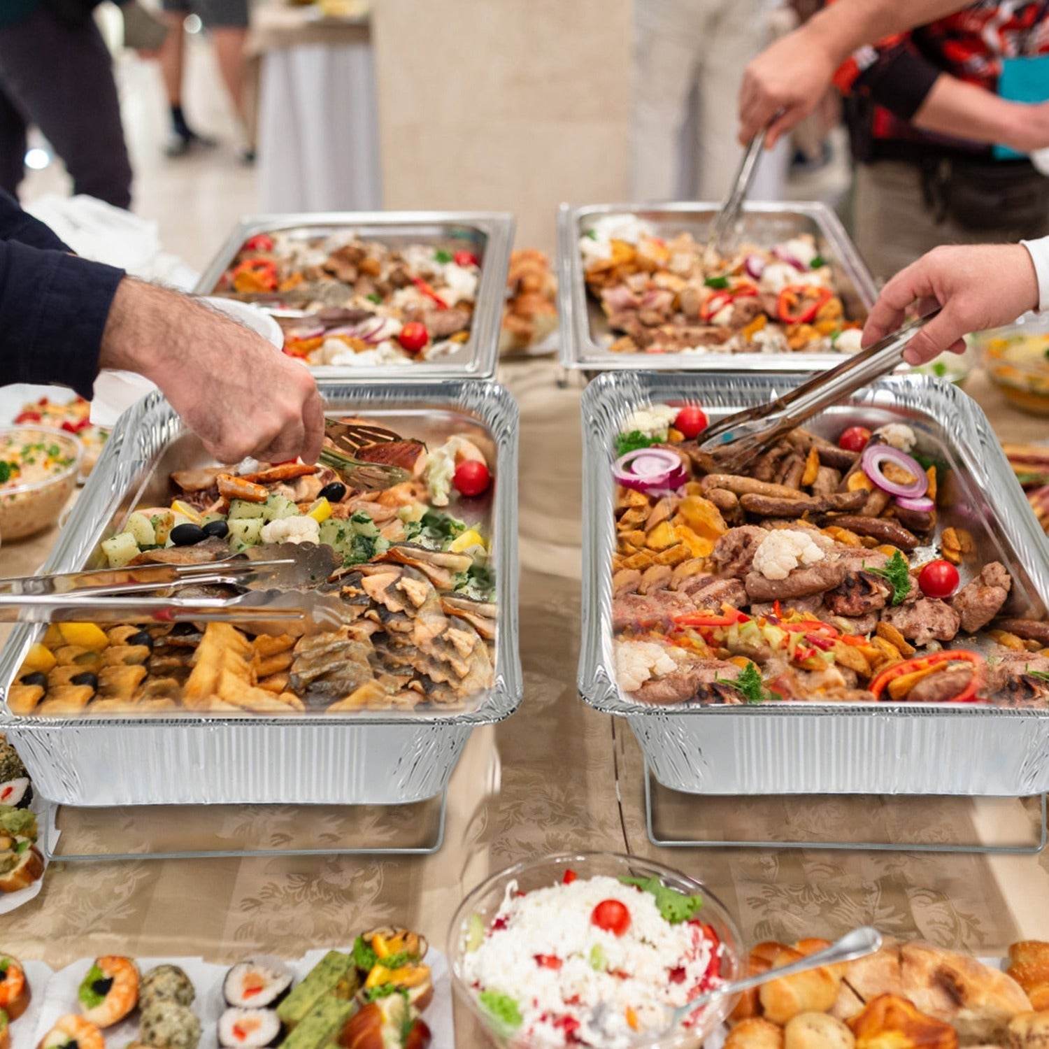 42Pcs Serve 6 Guests Disposable Chafing Dish Buffet Set Chafing Servers With Covers Spoons Forks Tongs Full-Size Pans Food Warmers For Parties Events Catering Supplies With Utensils And Lids - www.Shopthatapp.com