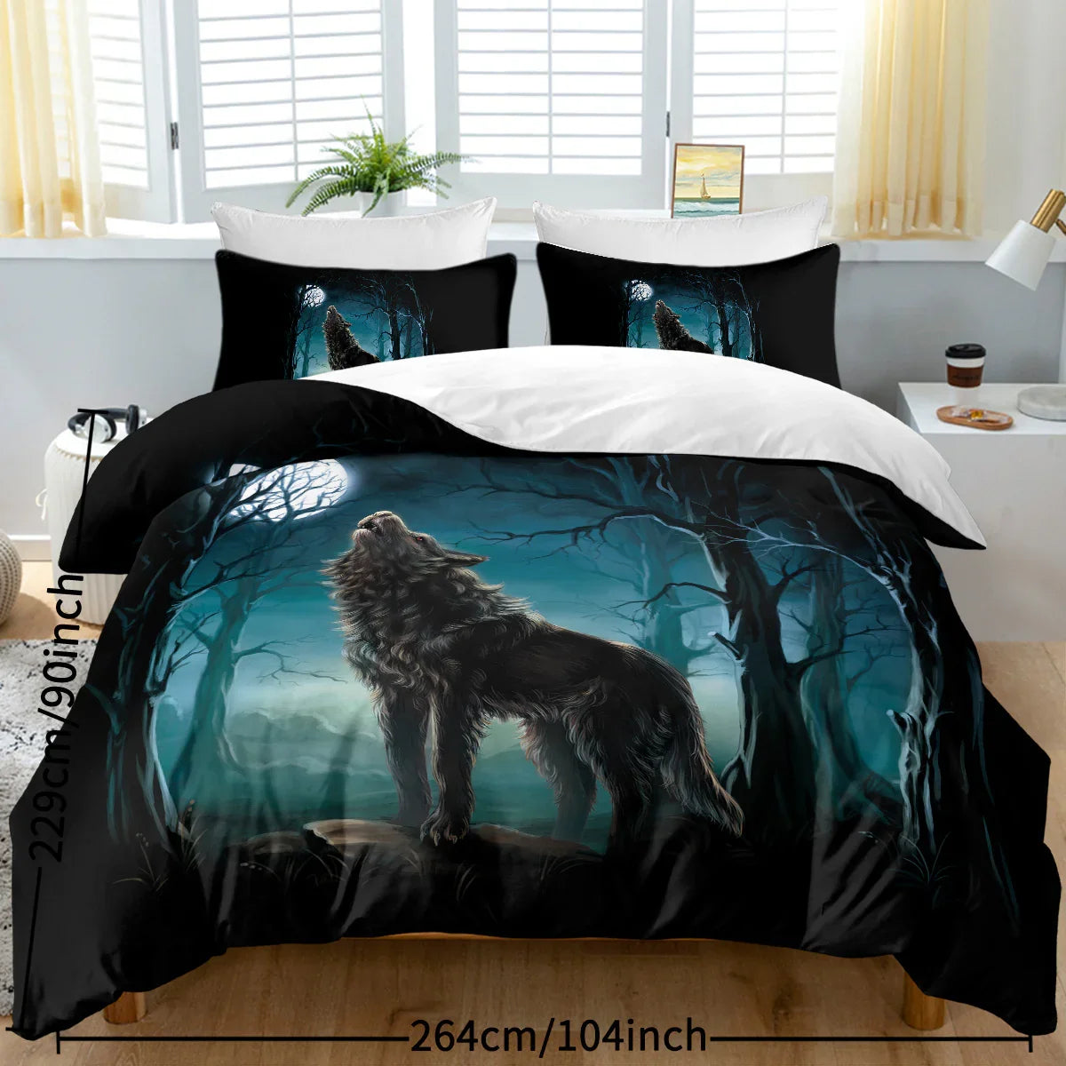 Moon Wolf Bedding Green Watercolor Forest Wolf Landscape Duvet Cover Sets 3 Pieces Wild Animal Bedding Set Twin Full Queen King Size - www.Shopthatapp.com