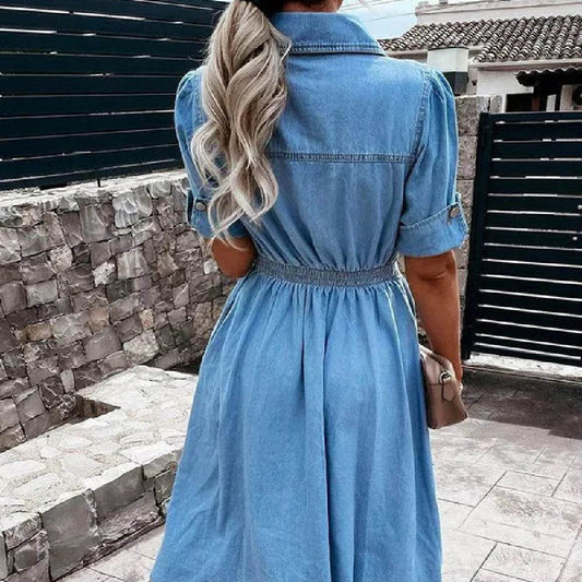 Women's Fashion Casual short sleeve button down  Denim midi Dress - www.Shopthatapp.com
