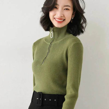 Women Autumn Winter Slim Fit High neck Half zip Knitted sweater Top - www.Shopthatapp.com