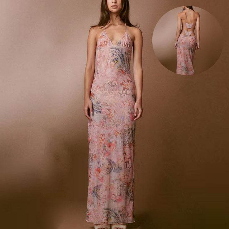 Halter neck Spaghetti Backless Butterfly Design Spring Summer long dress - www.Shopthatapp.com