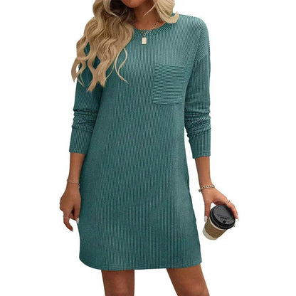 Casual New Solid Color Striped With Pockets Long Sleeve Loose Mini Dress Fashion Round Neck Straight Dress Women's Clothing - www.Shopthatapp.com