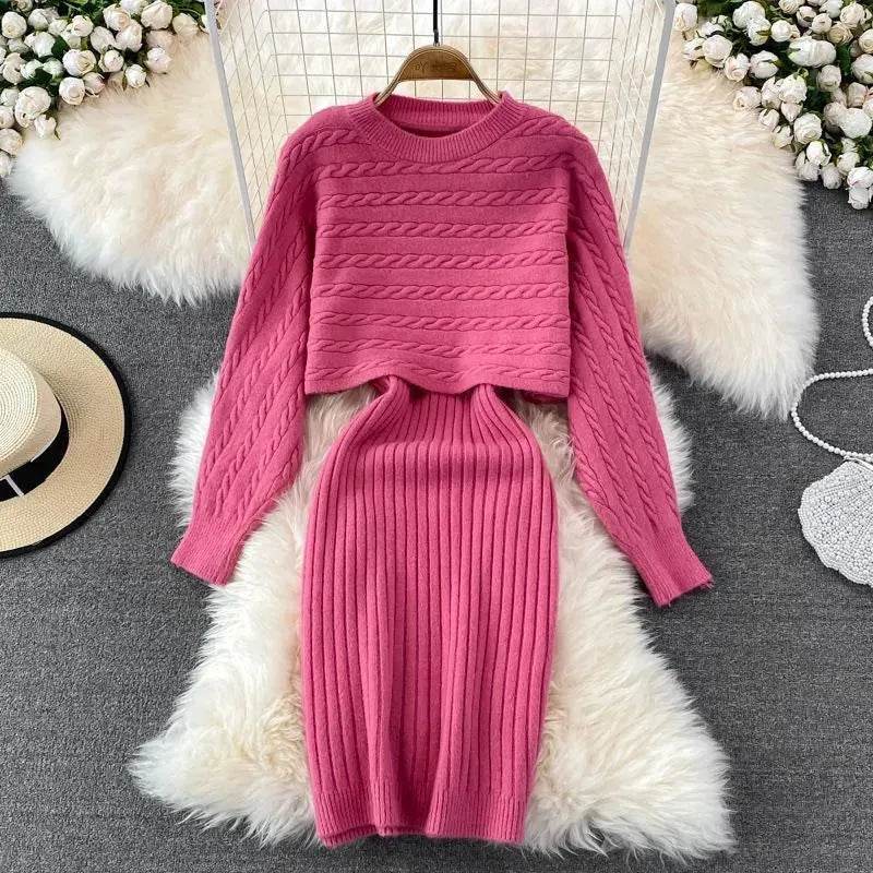 Autumn Winter Sassy Woolen Knitted Two Piece Midi Sweater Dress Outfit set - www.Shopthatapp.com