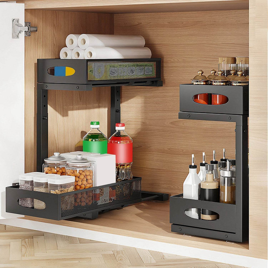 2Pcs Under Sink Organizer 2 Tier Pull Out Cabinet Baskets Storage Shelf Sliding Storage Drawers Rack With 5 Adjustable Height Mesh Baskets For Home Kitchen Bathroom Office - www.Shopthatapp.com