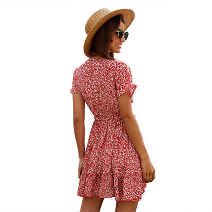 Casual Deep V-neck Short Sleeve Tie belt Floral Summer Mini Dress