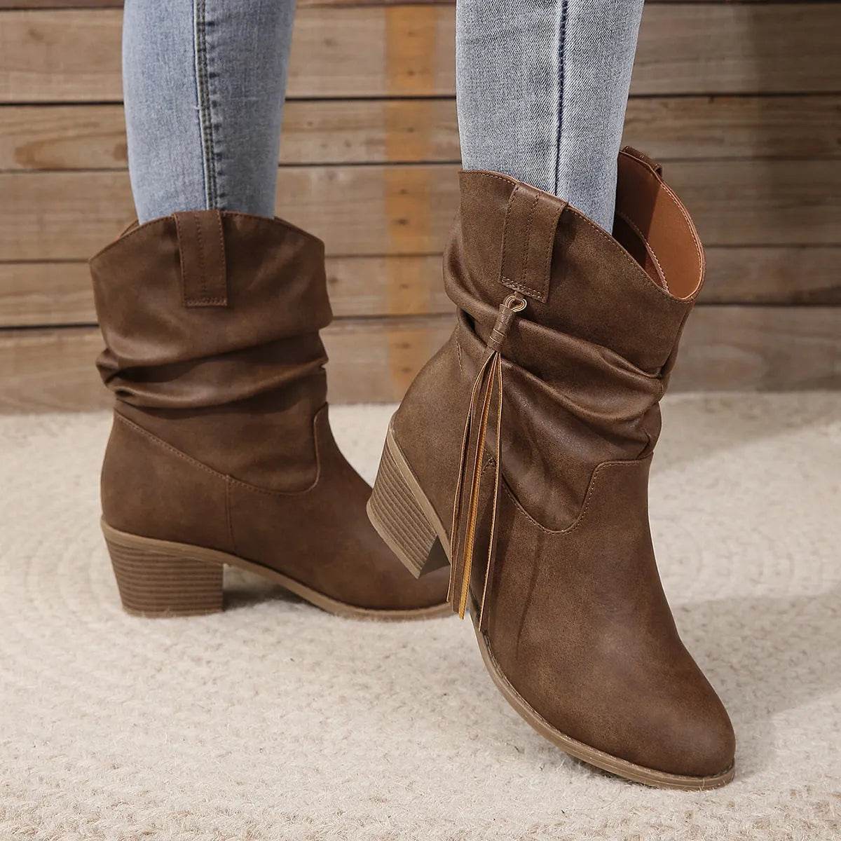 Retro Tassel Boots Winter Thick Square Heel Mid-calf Knight Western Boots Woman Fashion Shoes - www.Shopthatapp.com