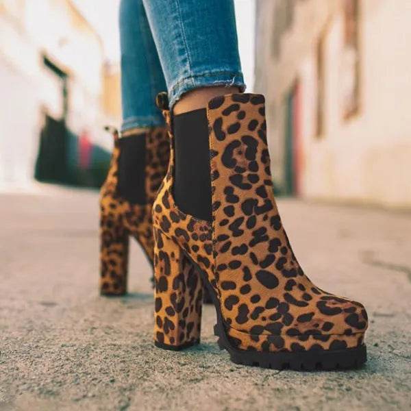 Round-toe Ankle Boots Solid Leopard Print Thick Square High Heel Shoes Ladies Casual Fashion Autumn Winter Suede Dress Party Boots - www.Shopthatapp.com