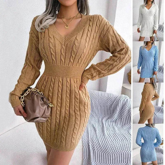 Solid Color V-Neck Long Sleeve Slim fit Winter Knit Mini  sweater Dress Slim - www.Shopthatapp.com