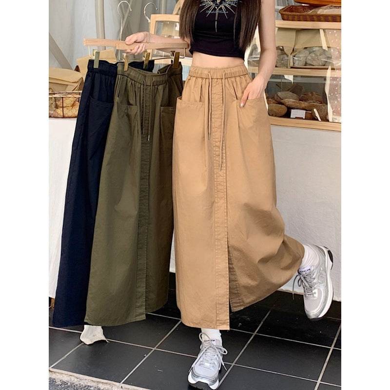 Women's front slit Washed Cotton Midi Cargo Skirt - www.Shopthatapp.com