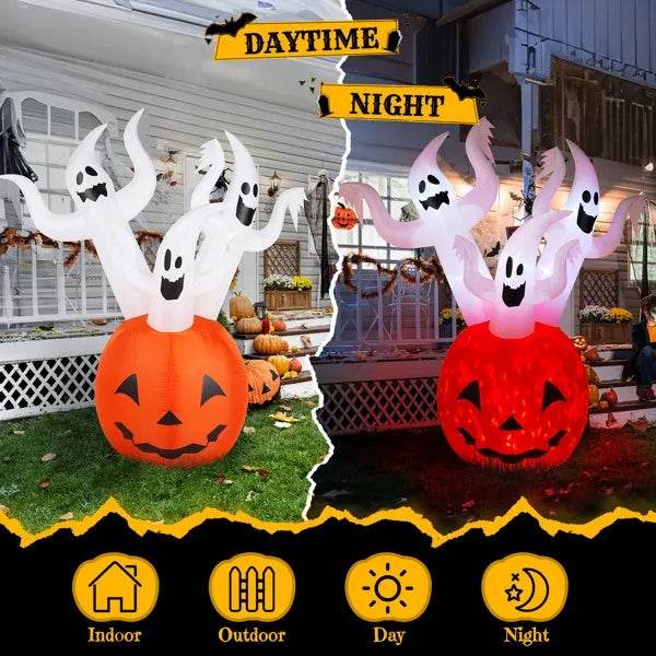 5.9 FT Halloween Inflatable Pumpkin Ghost Outdoor Decorations, Scary Blow Up Yard Decor With Built-in LED Lights For Holiday Party Yard Lawn Garden Decor Indoor Outdoor - www.Shopthatapp.com