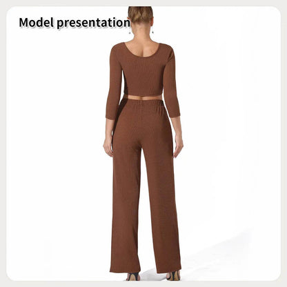 Women Fashion Casual Matching 2pcs set Long Sleeve Crop top and Pant set - www.Shopthatapp.com