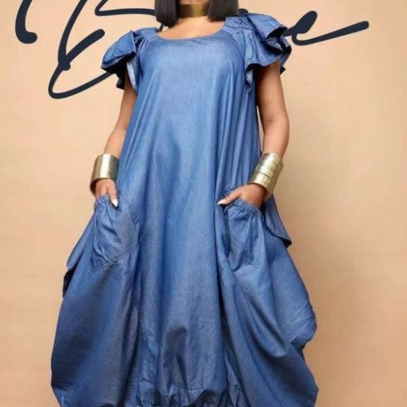 Fashion Faux Denim Large Pocket Loose Dress - www.Shopthatapp.com