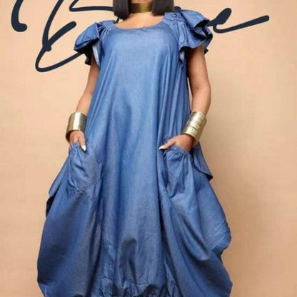 Fashion Faux Denim Large Pocket Loose Dress - www.Shopthatapp.com