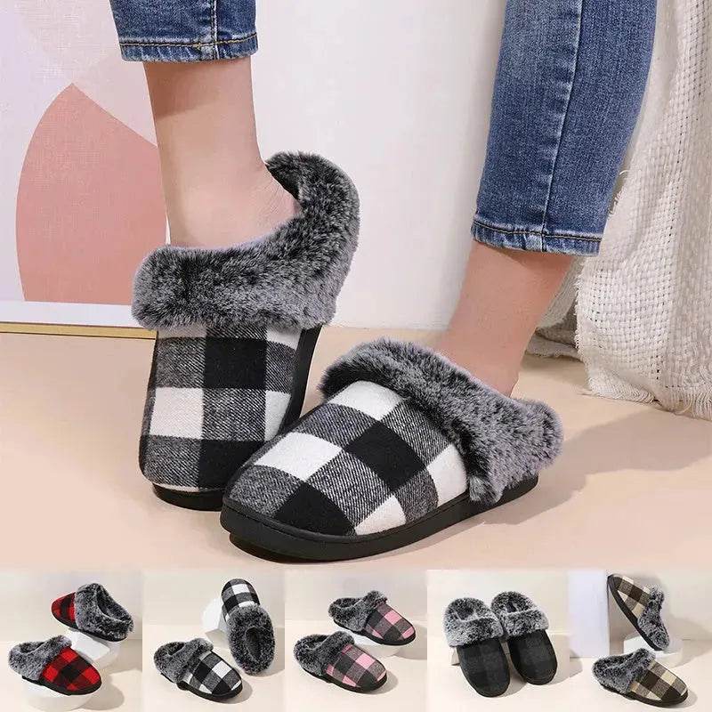 Winter Warm Plaid Plush Slippers Home Indoor Non-slip Bedroom Floor Soft Fuzzy Slipper For Couple Fashion Solid House Shoes - www.Shopthatapp.com