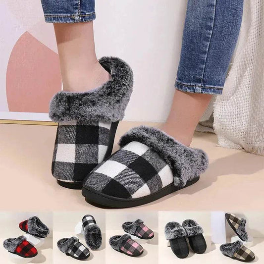 Winter Warm Plaid Plush Slippers Home Indoor Non-slip Bedroom Floor Soft Fuzzy Slipper For Couple Fashion Solid House Shoes - www.Shopthatapp.com