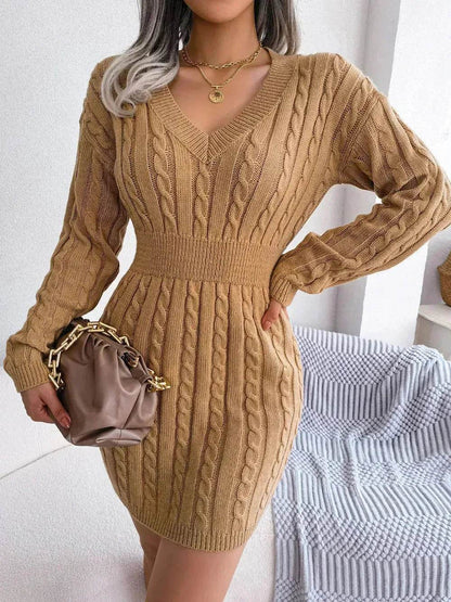 Solid Color V-Neck Long Sleeve Slim fit Winter Knit Mini  sweater Dress Slim - www.Shopthatapp.com