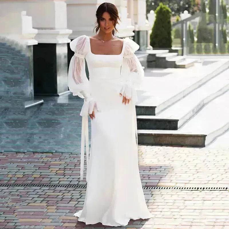Women's Ruffled Long Sleeve Banquet Temperament High Waist Mop White Wedding  Party Fish Tail Styled  Dress Mermaid Dress - www.Shopthatapp.com