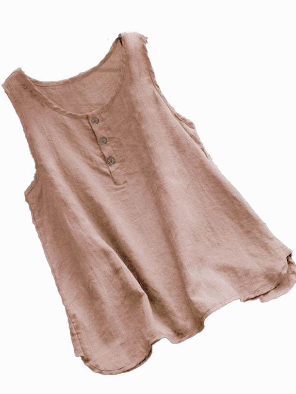 Solid Color Round Neck Loose Casual Vest Cotton Linen summer blouse top for Women - www.Shopthatapp.com