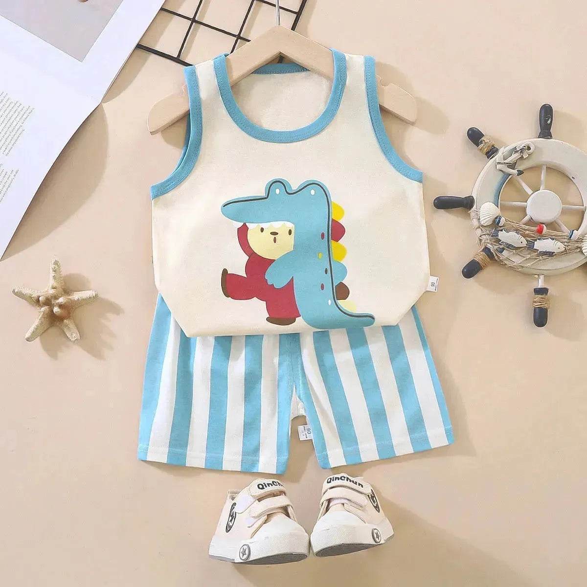 Casual Children's Pure Cotton Cartoon Printed Vest Set Two piece for baby boys - www.Shopthatapp.com