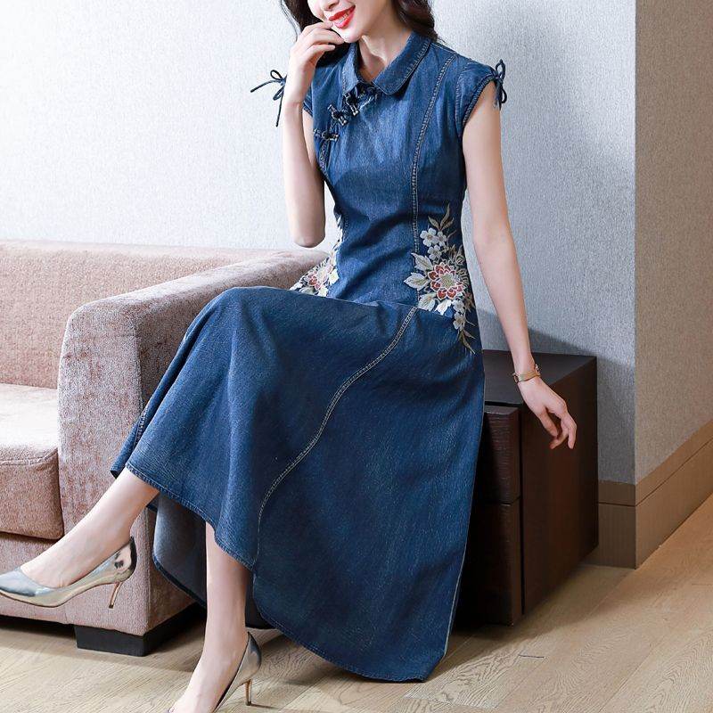 New Modified Version Denim Jeans Flared Midi Dress Female Machine Embroidery Retro - www.Shopthatapp.com