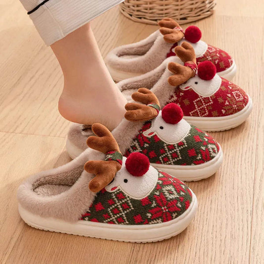 Cute Christmas Elk Plush Slippers Winter Ins Fashion Non-slip Floor Bedroom Home Slippers For Women Fuzzy House Shoes - www.Shopthatapp.com