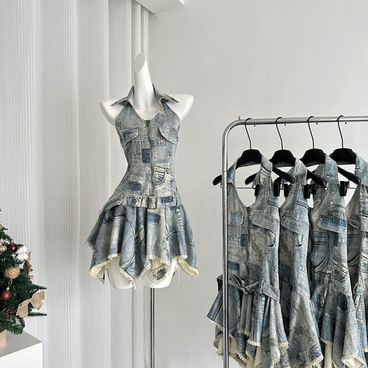 Waist-tight Halter Denim Dress Women's Distressed Retro Slimming Skirt - www.Shopthatapp.com