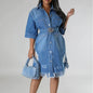 Women's Fashion 3/4 sleeve Mid Length loose Denim Jeans Dress - www.Shopthatapp.com