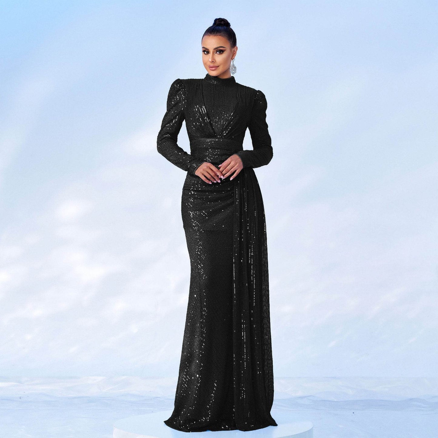 Long Sleeve Round Neck Slim Long Sequined Banquet Dress - www.Shopthatapp.com