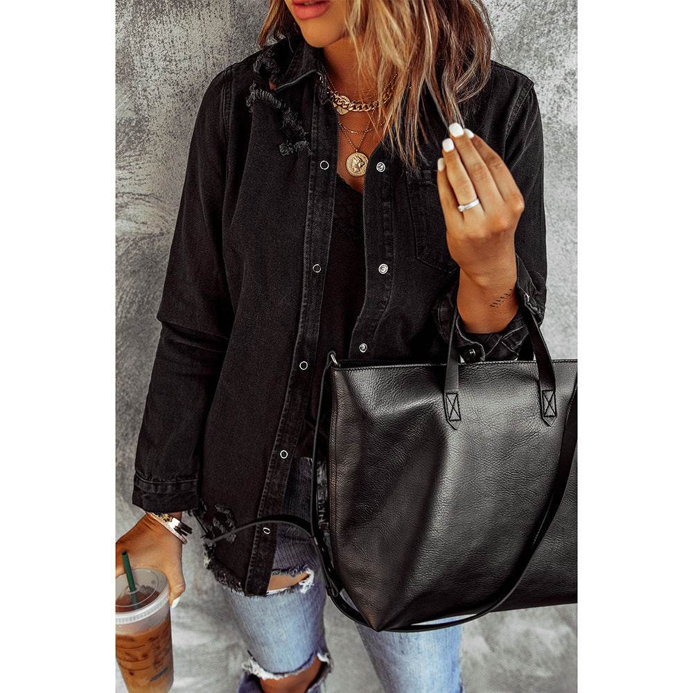 Long Sleeve Jeans Jacket Loose Fit Mid-Length Black - www.Shopthatapp.com