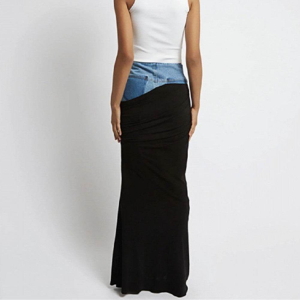 Fashion Black Panel Long Pencil Denim Skirt - www.Shopthatapp.com