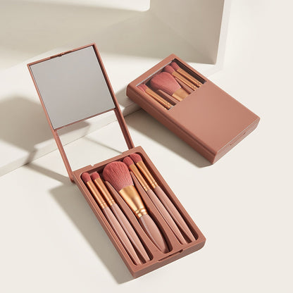 5 PCs Makeup Brushes With Mirror Travel Set - www.Shopthatapp.com
